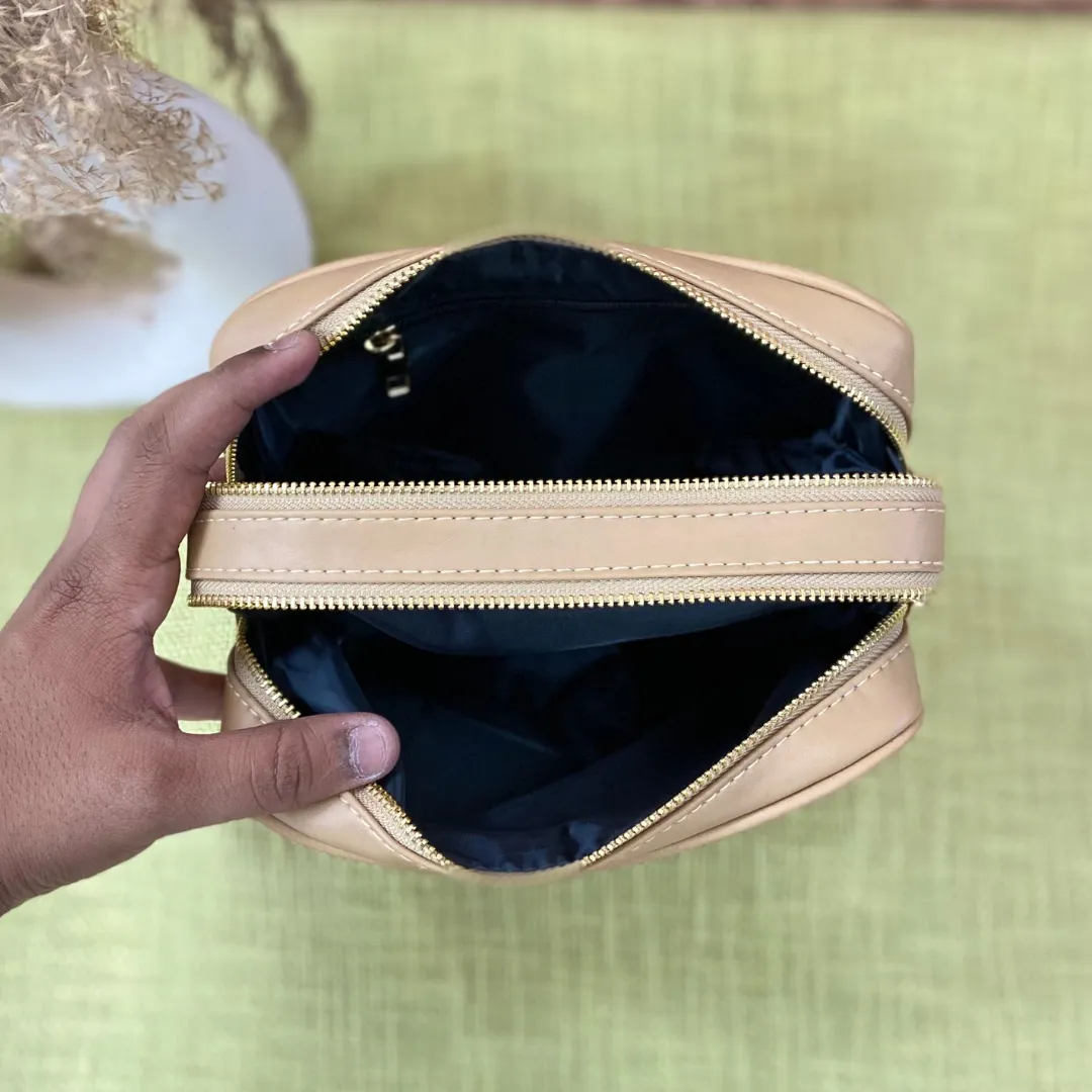 Beige Dual Compartment Bag with Black T-Shape Belt   Big Wallet   Mini Wallet Combo