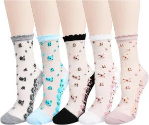 Benefeet Sox Sheer Socks Mesh Lace Socks Transparent See Through Socks Colorful Flower Nylon Socks Novelty Crystal Glass Sock