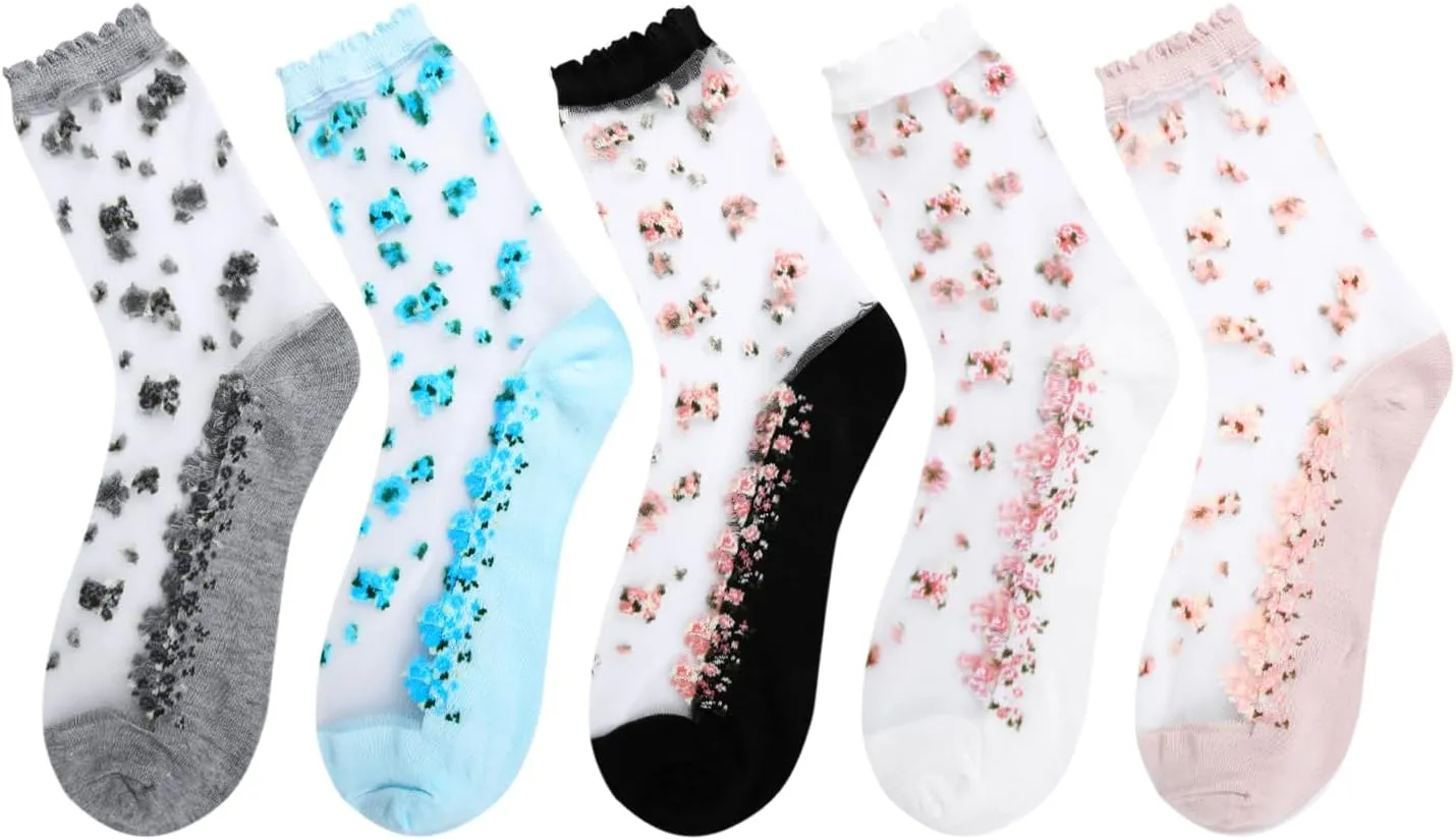 Benefeet Sox Sheer Socks Mesh Lace Socks Transparent See Through Socks Colorful Flower Nylon Socks Novelty Crystal Glass Sock