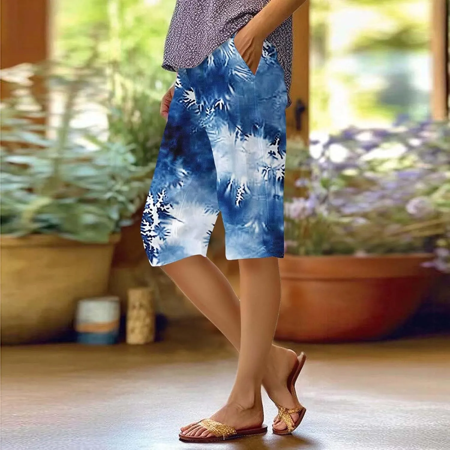 Bermuda Shorts for Women Summer High Waisted Knee Length Boho Floral Pants 2025 Beach Vacation Outfit with Pockets