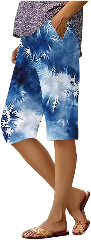 Bermuda Shorts for Women Summer High Waisted Knee Length Boho Floral Pants 2025 Beach Vacation Outfit with Pockets