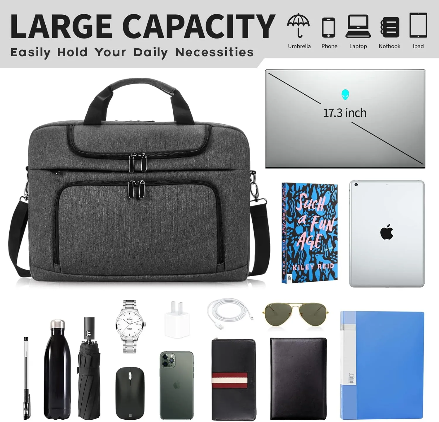 BERTASCHE Laptop Bag 17.3 inch for Men, Laptop Case Computer Bag for Work Business Trip Laptop Carrying Case w/Shoulder Strap Grey