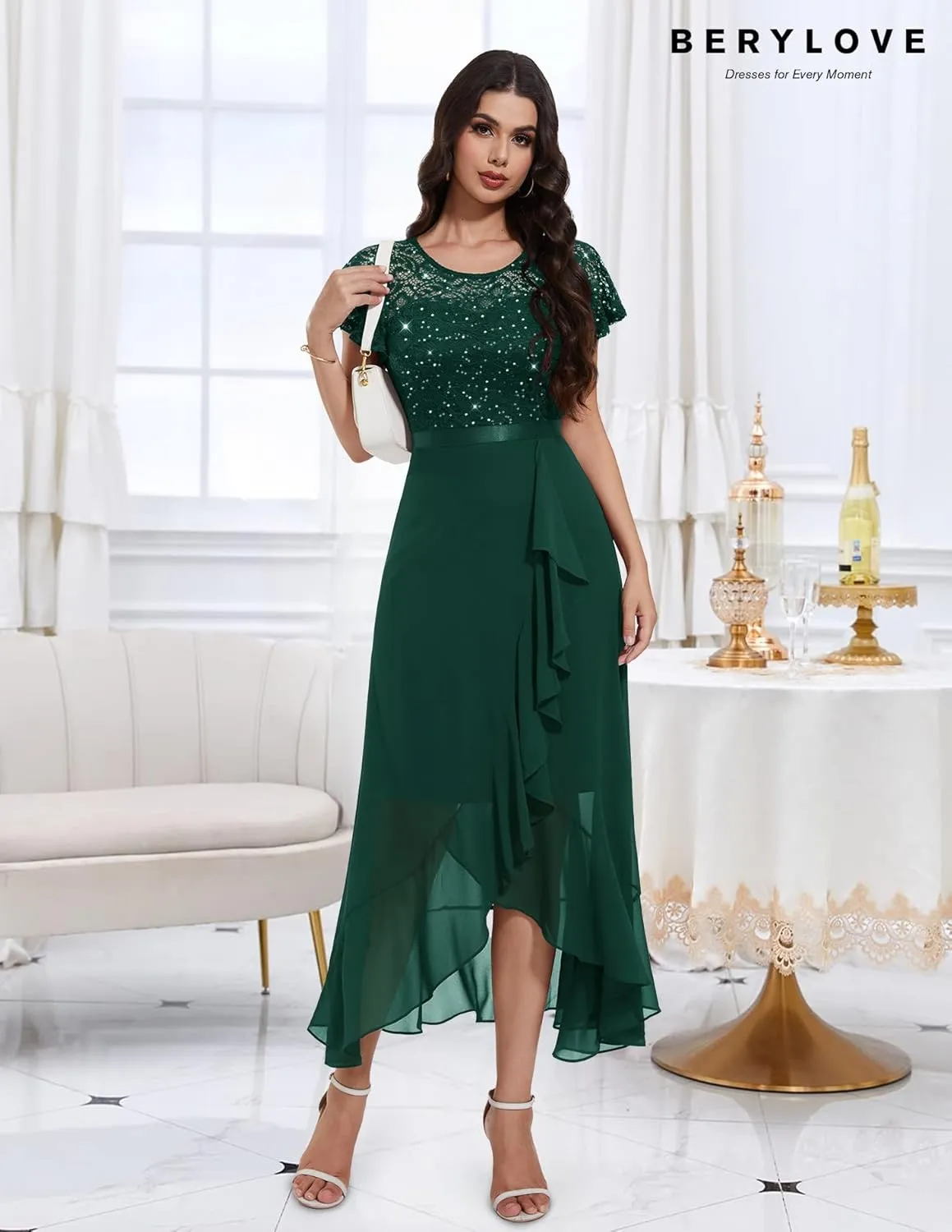 BeryLove Formal Dresses for Women 2025 Wedding Guest with Slit Cocktail Elegant Lace Long Prom Dress