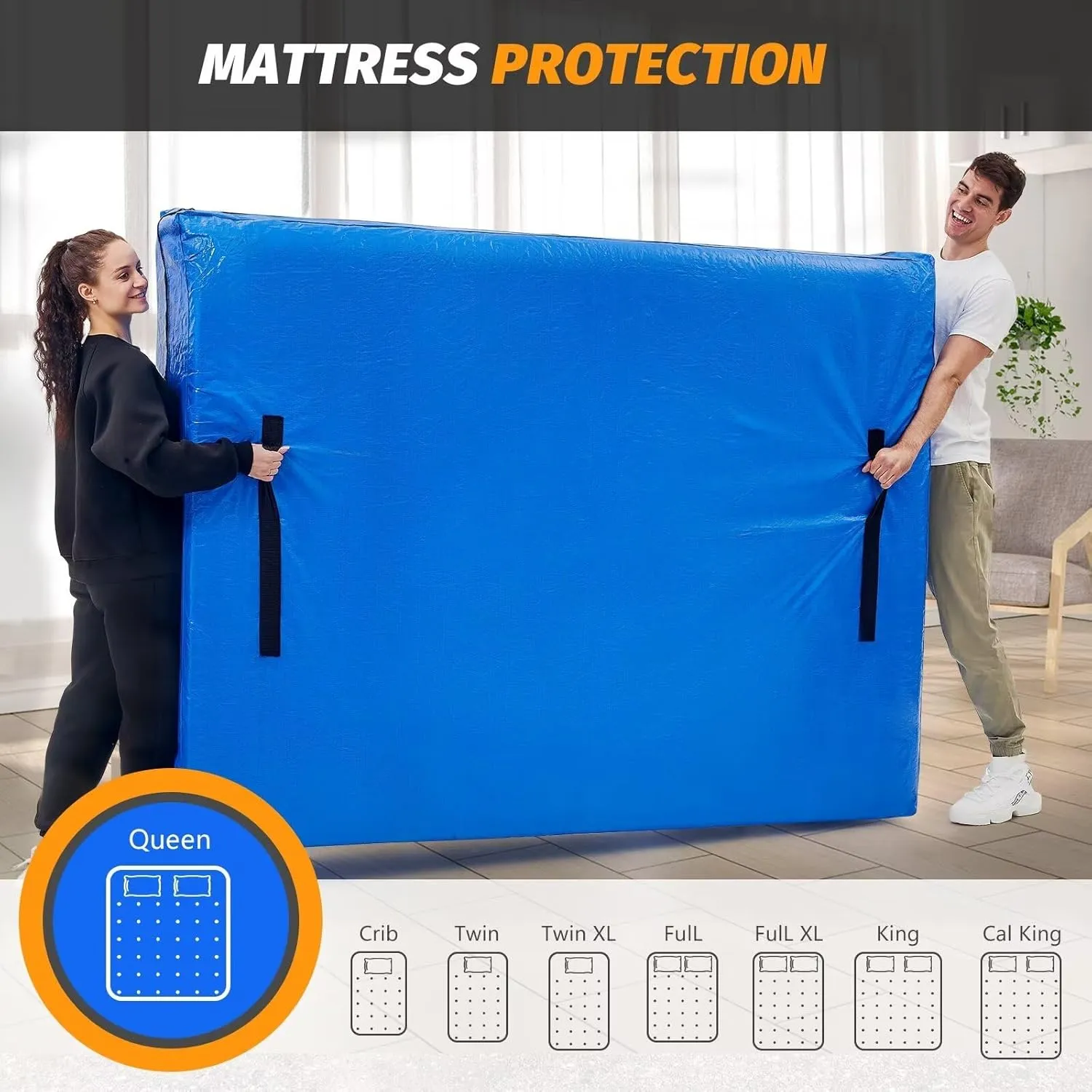 BETU Mattress Bags for Moving, Mattress Protector Waterproof Mattress Cover Full XL Size Storage Bags with 8 Heavy-Duty Handles and Zipper for Bed Extra Thick Large Reusable (82"x57"x15" Blue)
