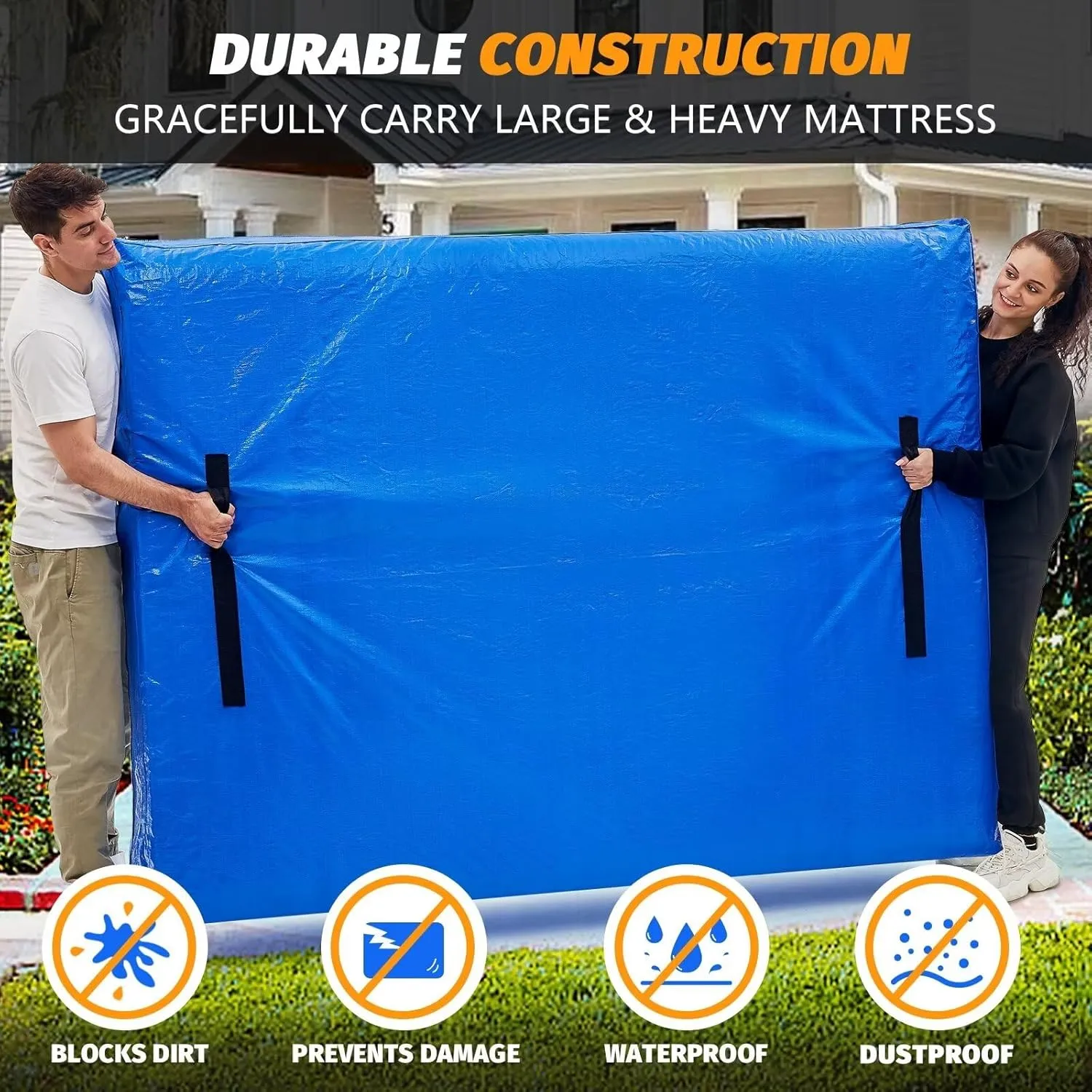 BETU Mattress Bags for Moving, Mattress Protector Waterproof Mattress Cover Full XL Size Storage Bags with 8 Heavy-Duty Handles and Zipper for Bed Extra Thick Large Reusable (82"x57"x15" Blue)