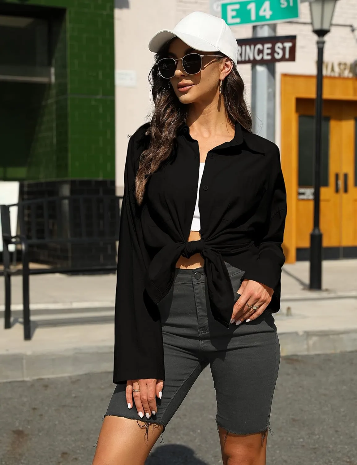 Bianstore Women's Oversized Linen Shirts Blouses Tops Long Sleeve High Low Button Up Shirts