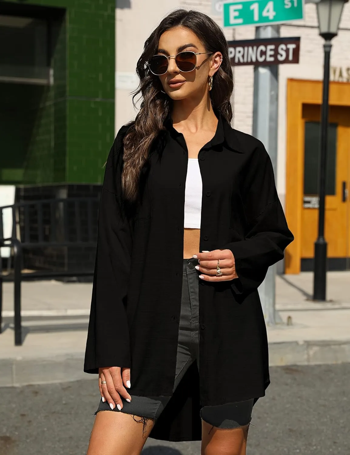 Bianstore Women's Oversized Linen Shirts Blouses Tops Long Sleeve High Low Button Up Shirts