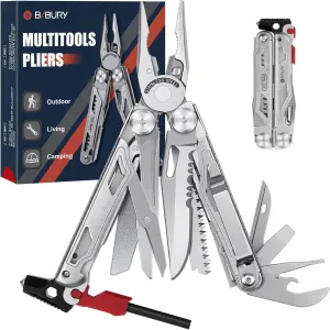 BIBURY Multitool Pliers BI2038B, 22-in-1 Stainless Steel Multi Tool with Flint, Window Breaker, Scissors, Back Clip, Folding Pocket Multifunctional Self-locking EDC Tool for Survival Camping Hiking