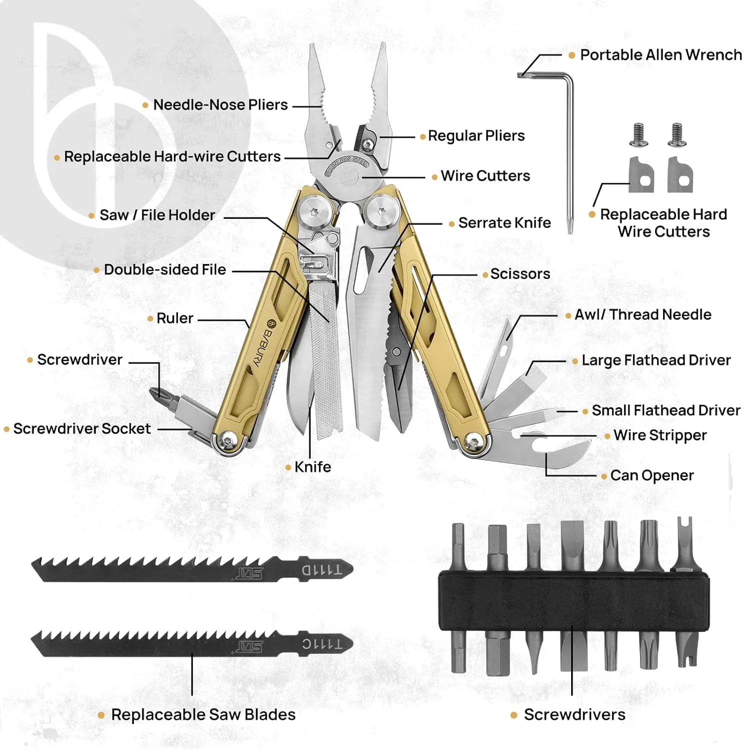 BIBURY Multitool Pliers Pro BI2045, Foldable Multitools with Replaceable Wire Cutters and Saw, Stainless Steel Multi Tool w/Upgraded Scissors and Screwdriver Set, Ideal for Camping, Fishing, Survival