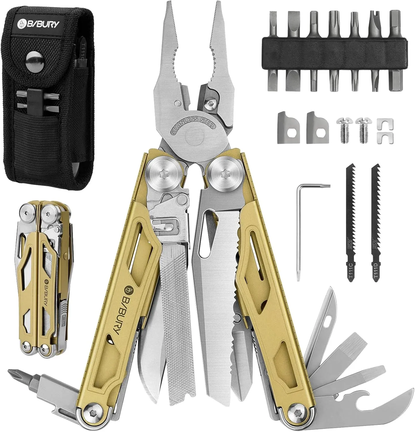 BIBURY Multitool Pliers Pro BI2045, Foldable Multitools with Replaceable Wire Cutters and Saw, Stainless Steel Multi Tool w/Upgraded Scissors and Screwdriver Set, Ideal for Camping, Fishing, Survival