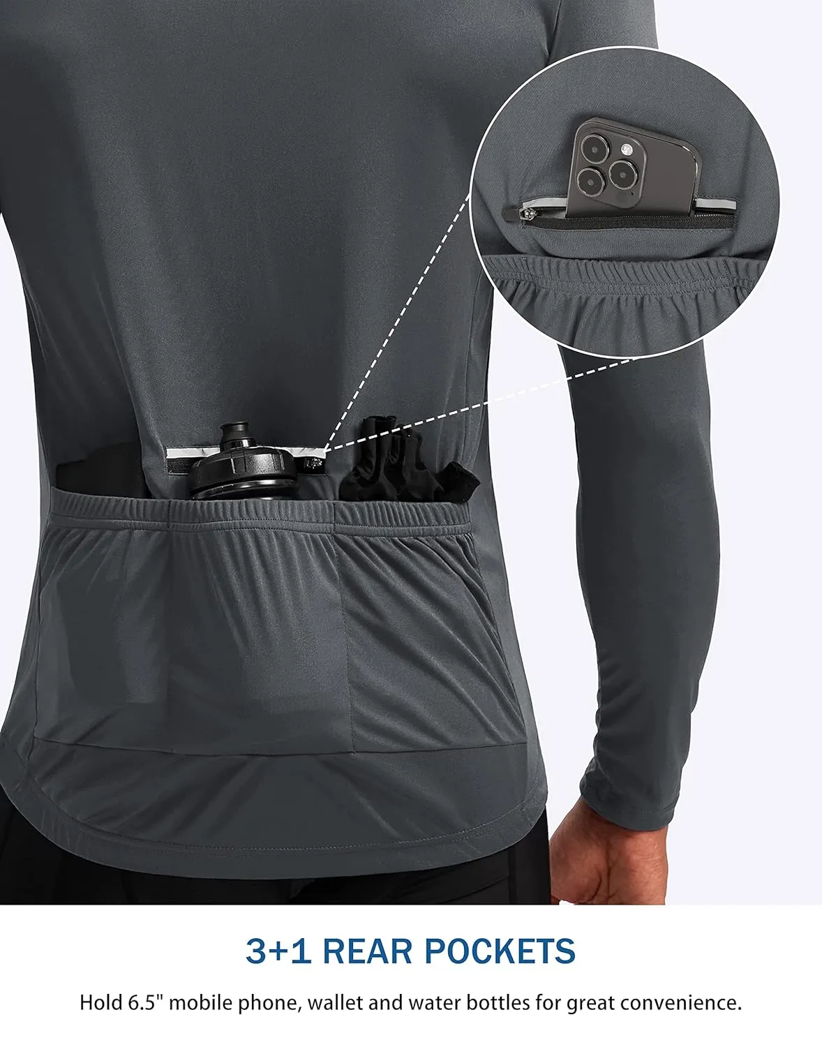 Bikewa Men's Cycling Jersey with 3 1 Rear Zipper Pockets Long Sleeve Moisture Wicking UPF 50  Half Zip Riding Bike Shirts