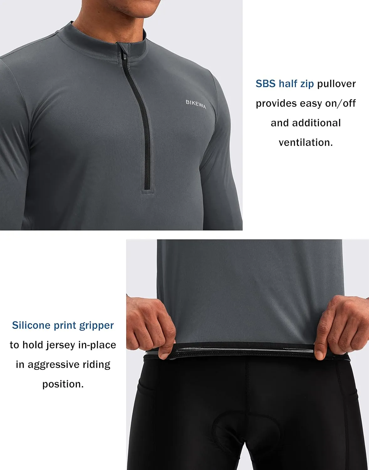Bikewa Men's Cycling Jersey with 3 1 Rear Zipper Pockets Long Sleeve Moisture Wicking UPF 50  Half Zip Riding Bike Shirts