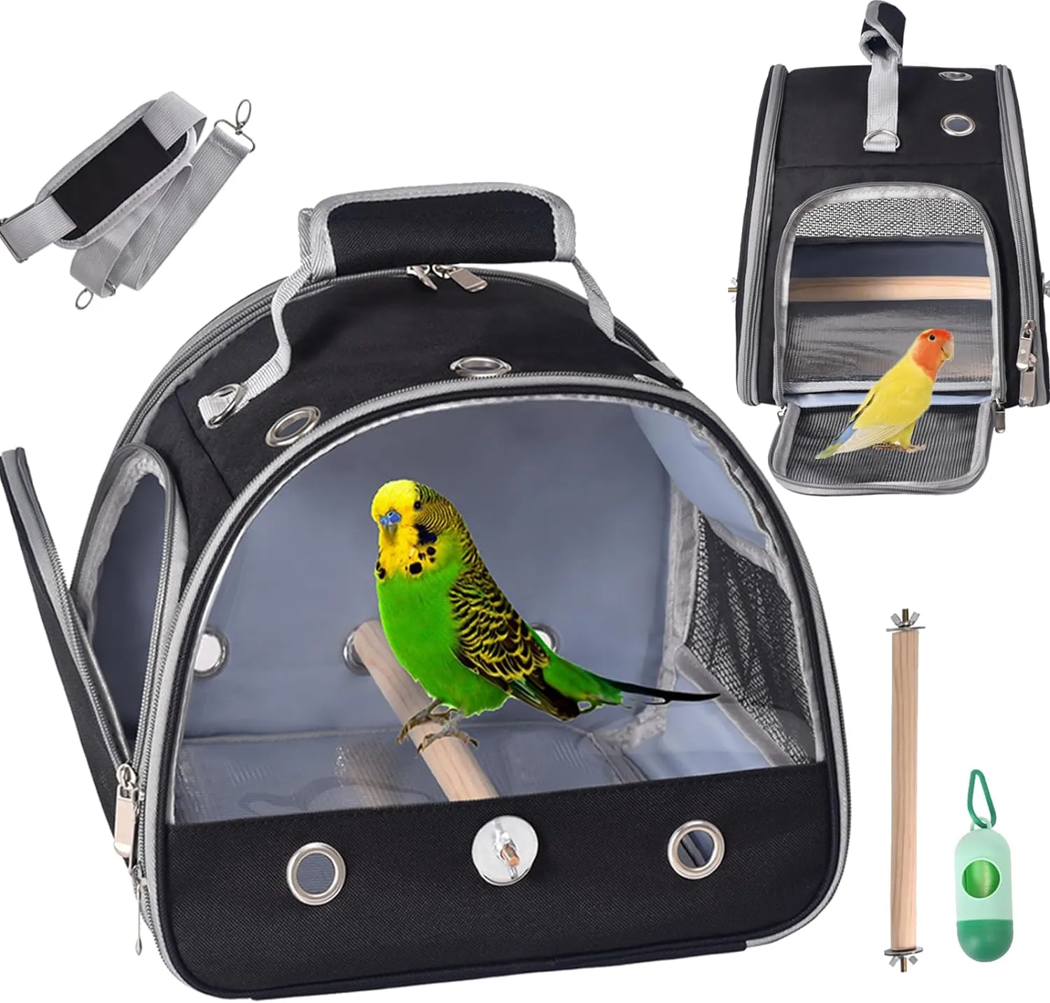 Bird Carrier Travel Cage with Stand (with Tray), Small Bird Travel Cage for Parrot, Small Bird Carrier for Travel Parakeet Carrier with Shoulder Strap, Bird Cages for Parakeets (Black)