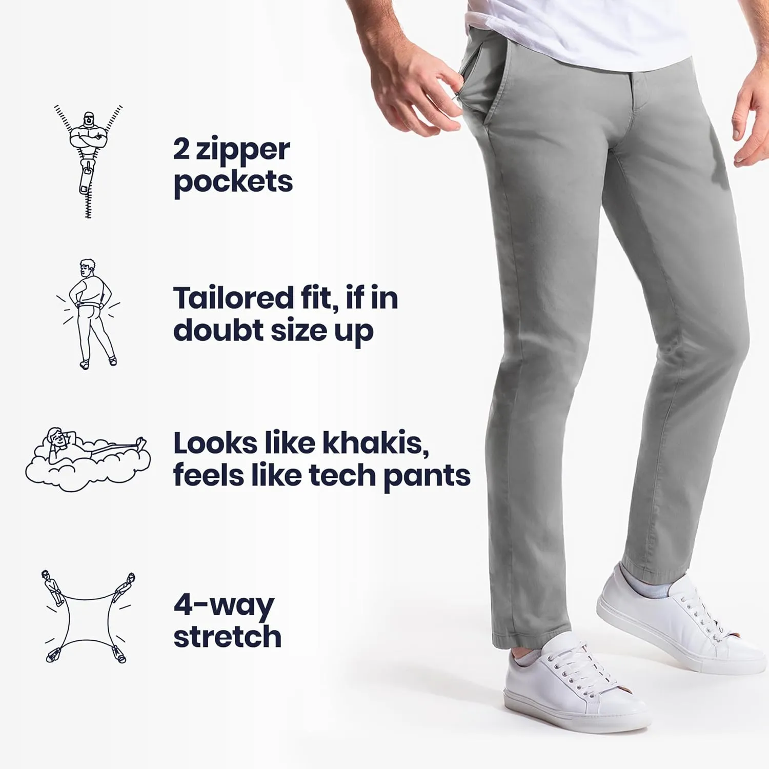 birddogs Men’s Stretch Khaki Pants – Slim Fit, Cooling Athletic Dress Pants with Zipper Pockets for Work, Golf & Travel
