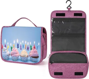 Birthday Print,Toiletry Bag Travel Bag with Hanging Hook,Delicious Creamy Cupcakes with Letter Candles,Water-resistant Makeup Cosmetic Bag Organizer for Makeup Accessories,Multicolor