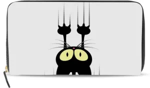 Black Cartoon Cat Scratching the Wall on White Leather Long Wallet Organizer with Zipper Purse Clutch Bag for Women Men Key Card Coin Passport Checkbook 8 x 4 inch