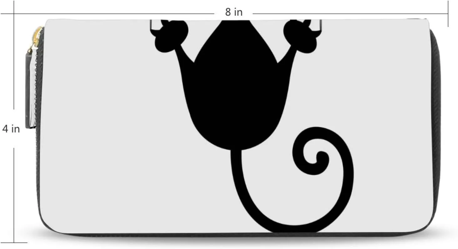 Black Cartoon Cat Scratching the Wall on White Leather Long Wallet Organizer with Zipper Purse Clutch Bag for Women Men Key Card Coin Passport Checkbook 8 x 4 inch
