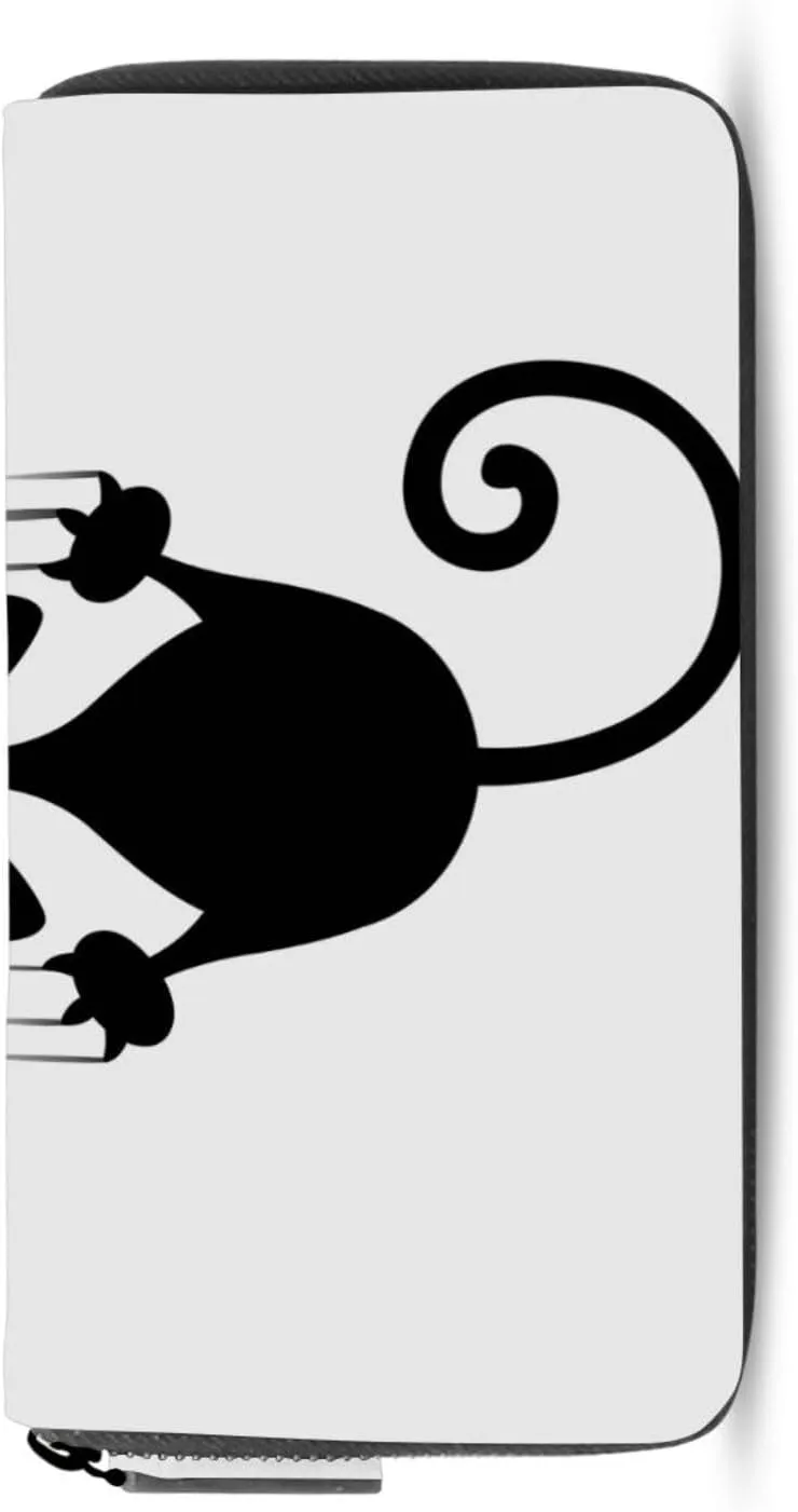 Black Cartoon Cat Scratching the Wall on White Leather Long Wallet Organizer with Zipper Purse Clutch Bag for Women Men Key Card Coin Passport Checkbook 8 x 4 inch