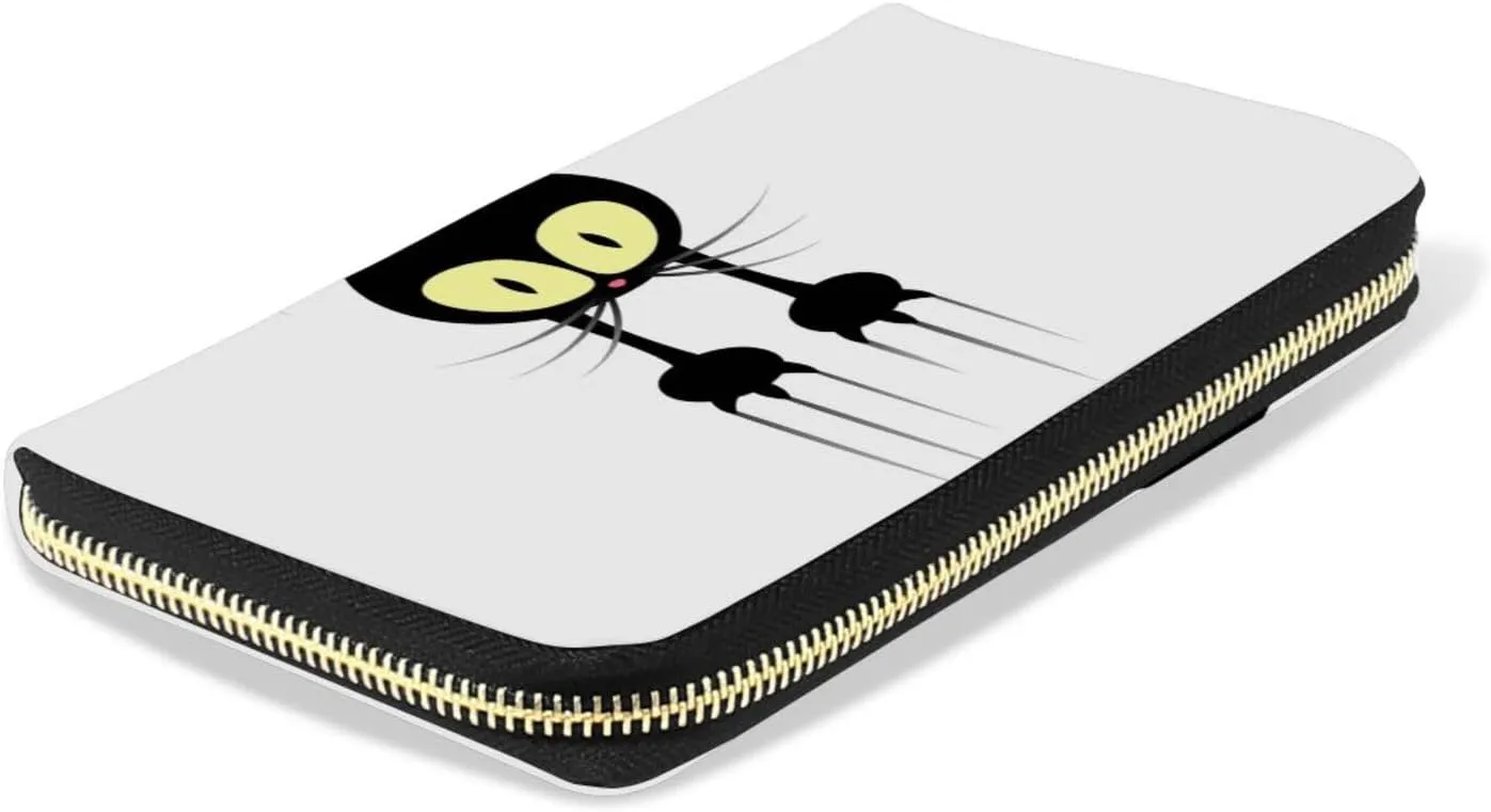 Black Cartoon Cat Scratching the Wall on White Leather Long Wallet Organizer with Zipper Purse Clutch Bag for Women Men Key Card Coin Passport Checkbook 8 x 4 inch