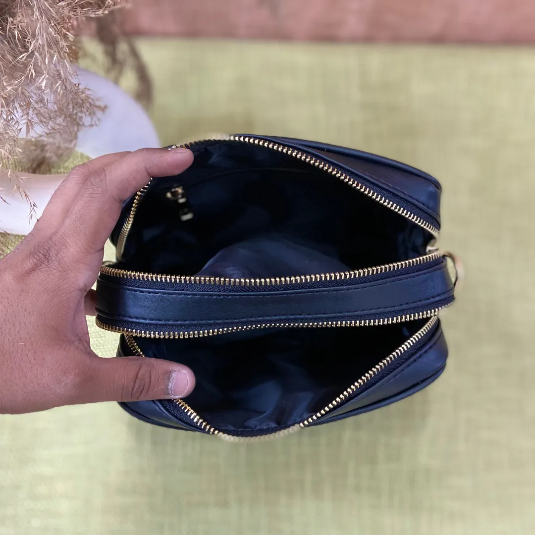 Black Dual Compartment Sling Bag with Black T-Shape Belt   Big & Small Wallet Combo