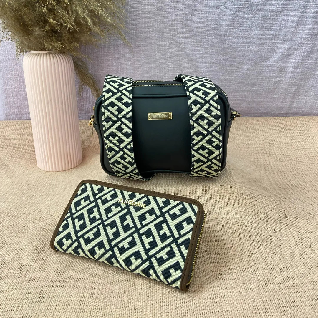 Black Dual Compartment Sling Bag with Black T-Shape Belt   Big & Small Wallet Combo