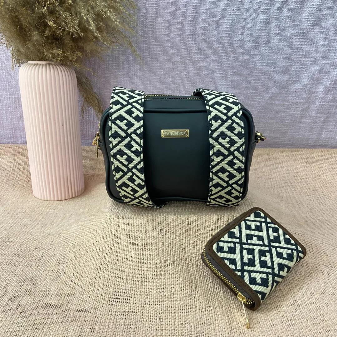 Black Dual Compartment Sling Bag with Black T-Shape Belt   Big & Small Wallet Combo