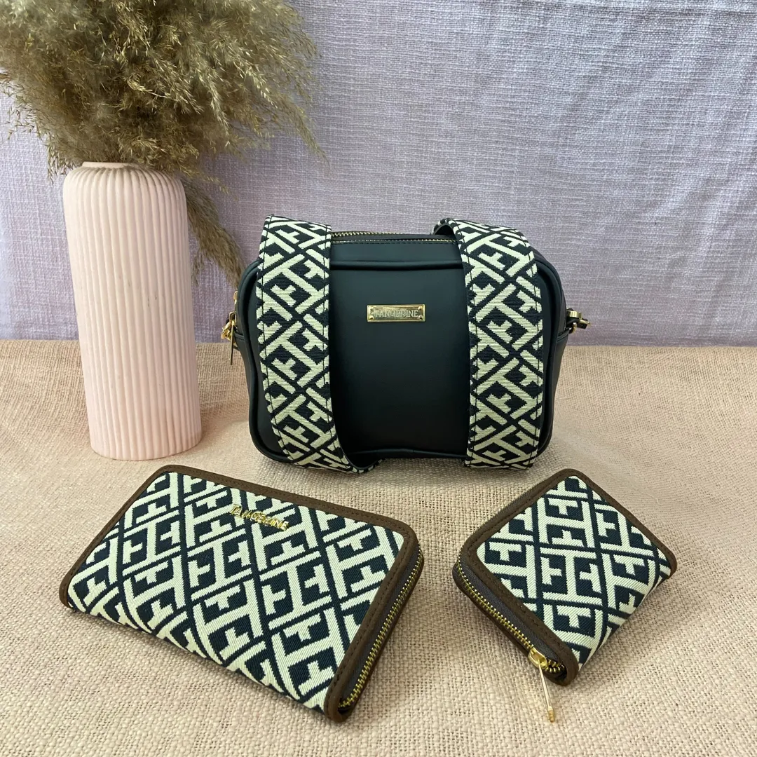 Black Dual Compartment Sling Bag with Black T-Shape Belt   Big & Small Wallet Combo