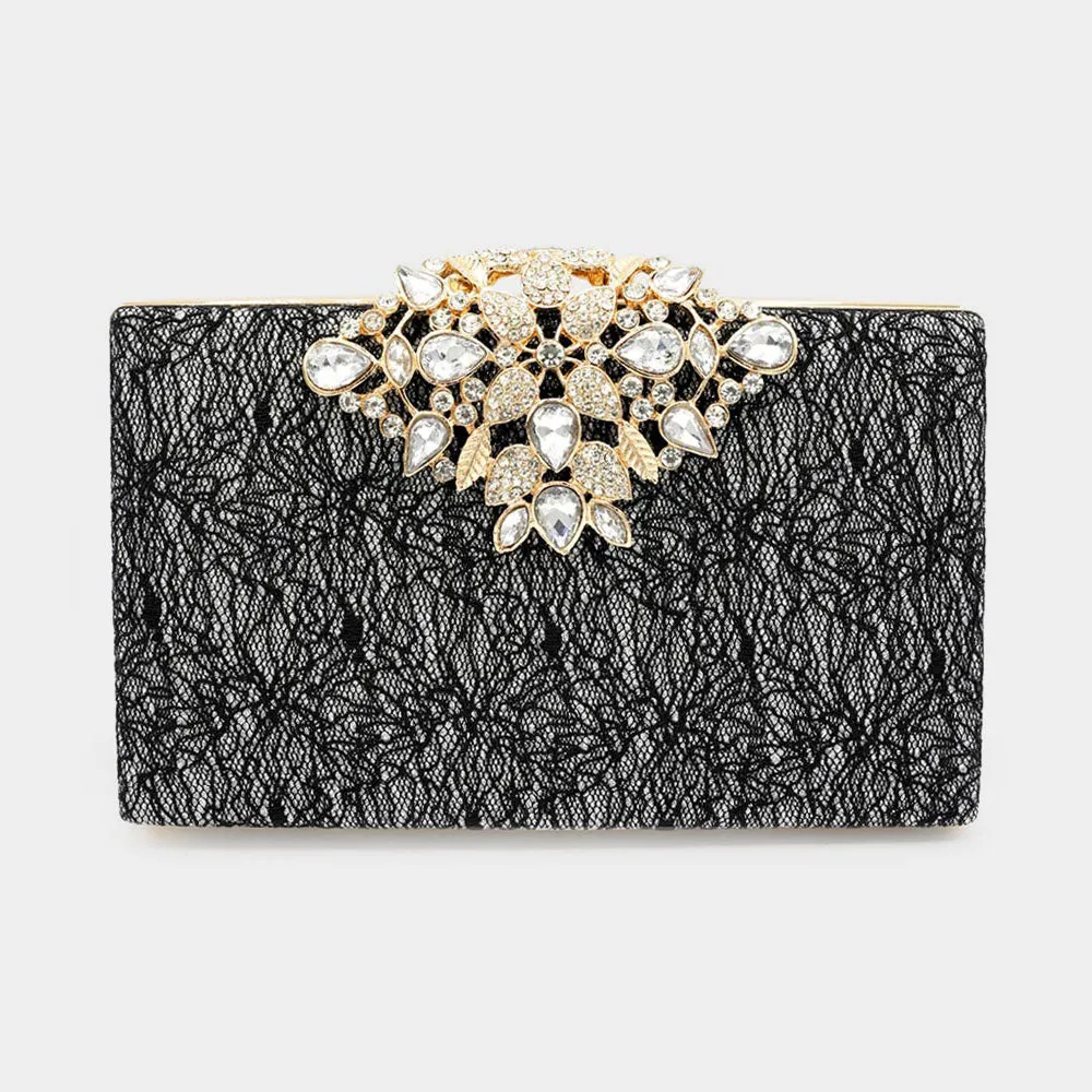 Black Floral Stone Embellished Glittered Evening Clutch / Crossbody Bag