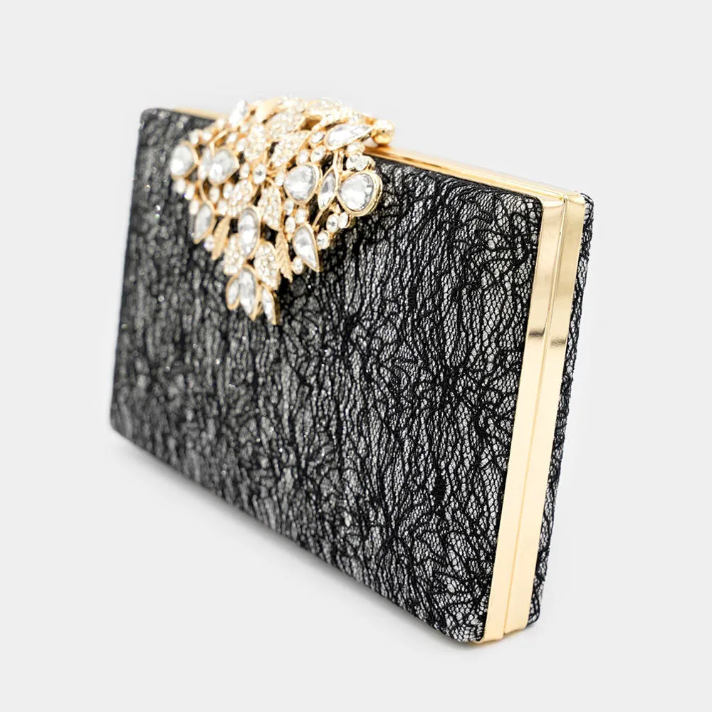 Black Floral Stone Embellished Glittered Evening Clutch / Crossbody Bag