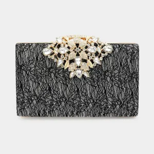 Black Floral Stone Embellished Glittered Evening Clutch / Crossbody Bag