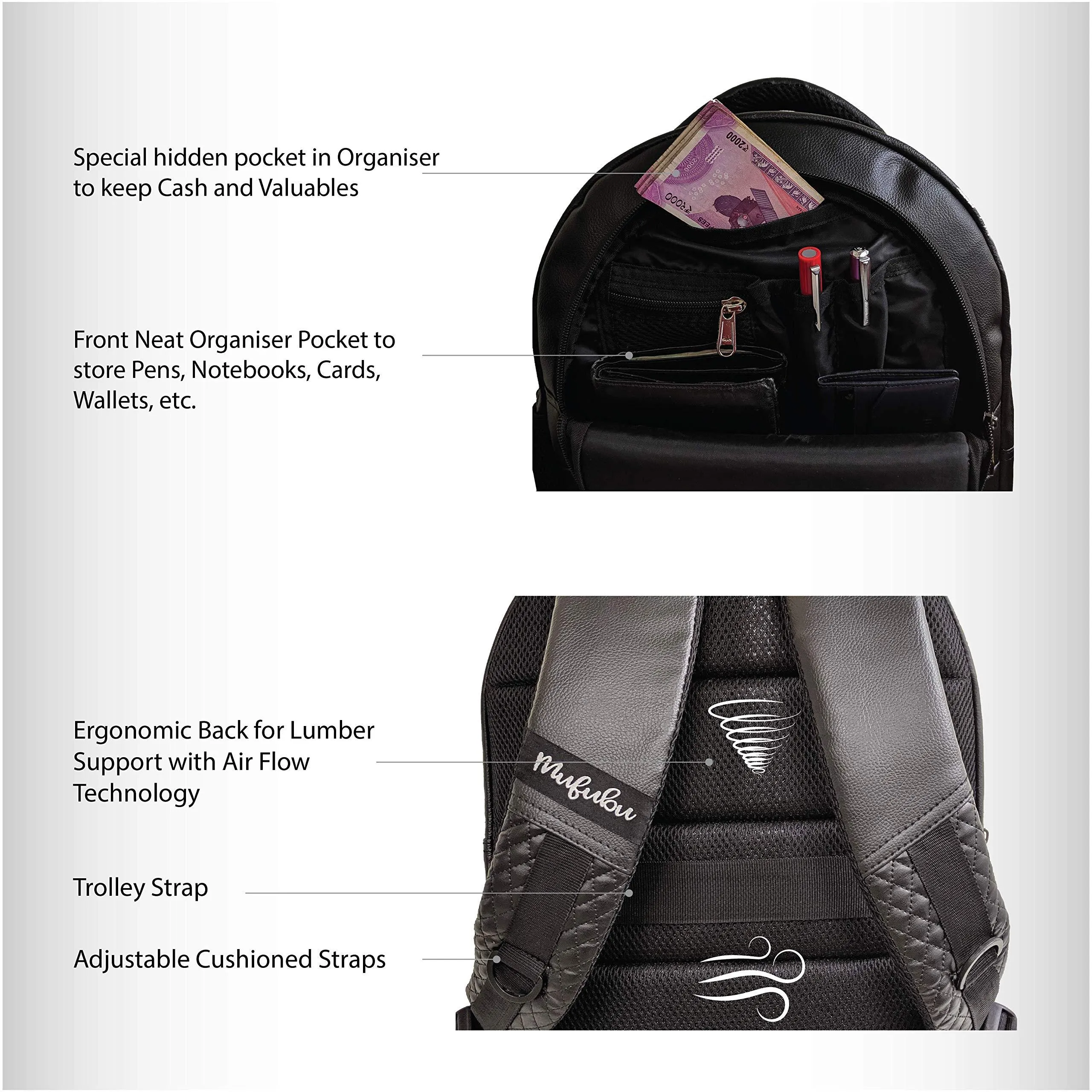 Black German Faux Leather 17 inches Laptop Backpack