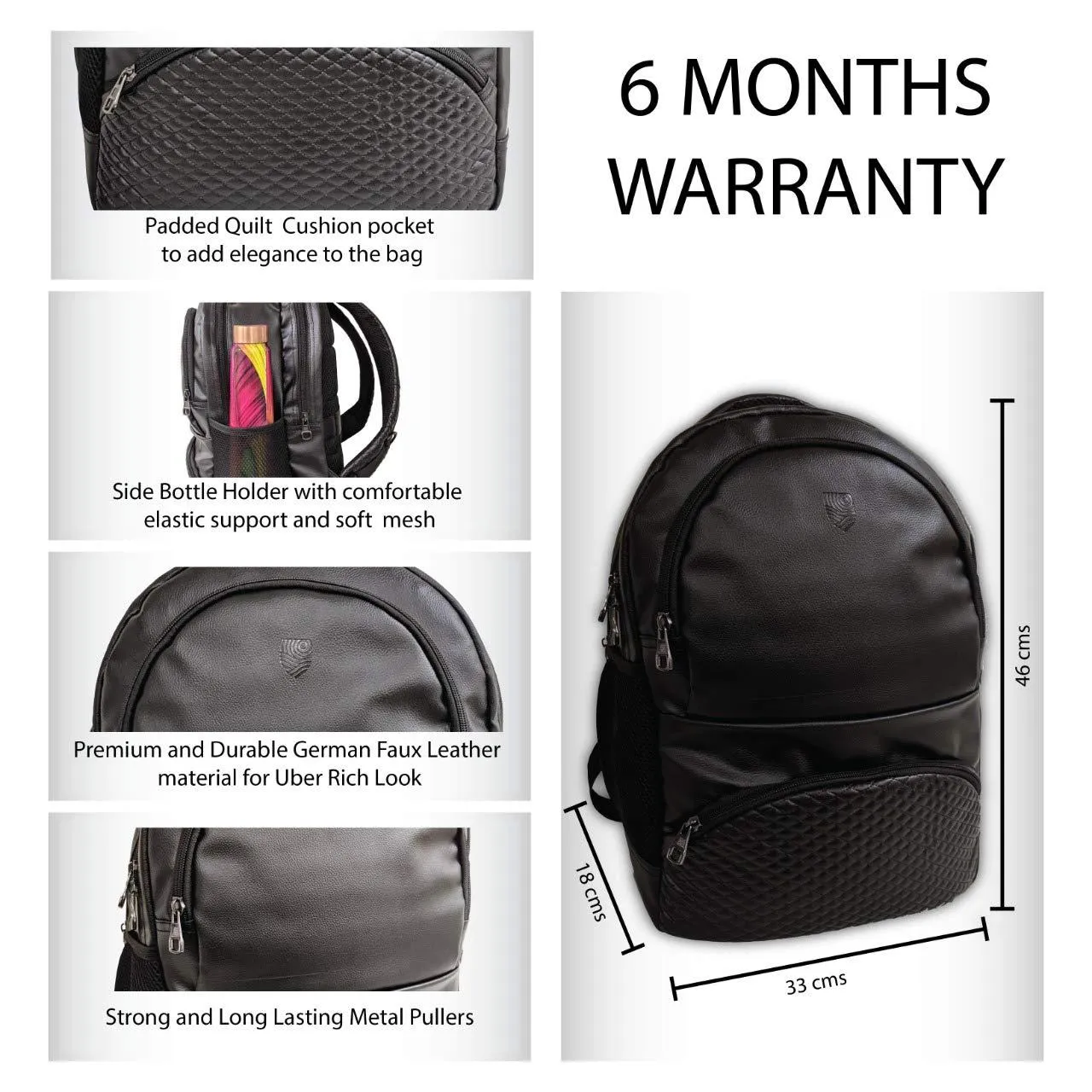 Black German Faux Leather 17 inches Laptop Backpack