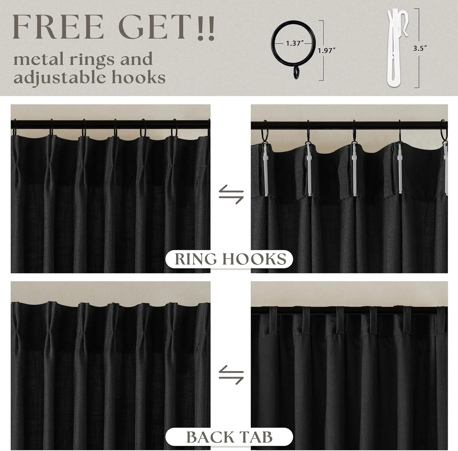 Black Linen Curtains Pinch Pleated 84 Inches Long for Living Room Bedroom Pleat with Rings Back Tab Semi Sheer Curtains 84 Inch Length 2 Panels Set Light Filtering Farmhouse Rustic Drapes