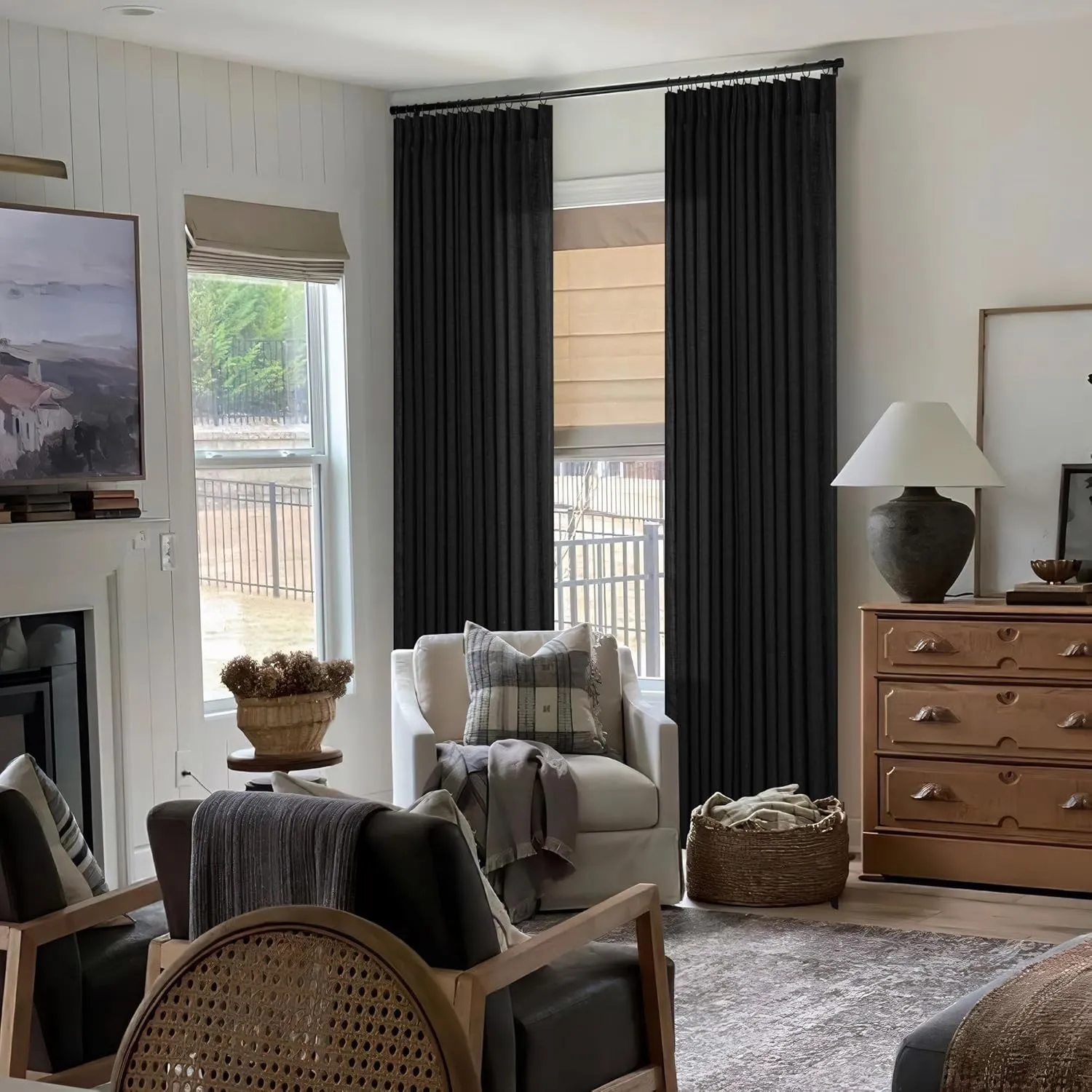 Black Linen Curtains Pinch Pleated 84 Inches Long for Living Room Bedroom Pleat with Rings Back Tab Semi Sheer Curtains 84 Inch Length 2 Panels Set Light Filtering Farmhouse Rustic Drapes