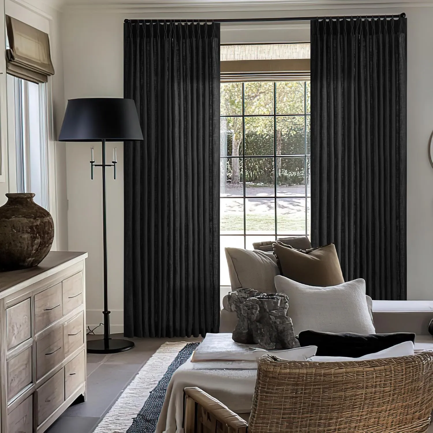 Black Linen Curtains Pinch Pleated 84 Inches Long for Living Room Bedroom Pleat with Rings Back Tab Semi Sheer Curtains 84 Inch Length 2 Panels Set Light Filtering Farmhouse Rustic Drapes