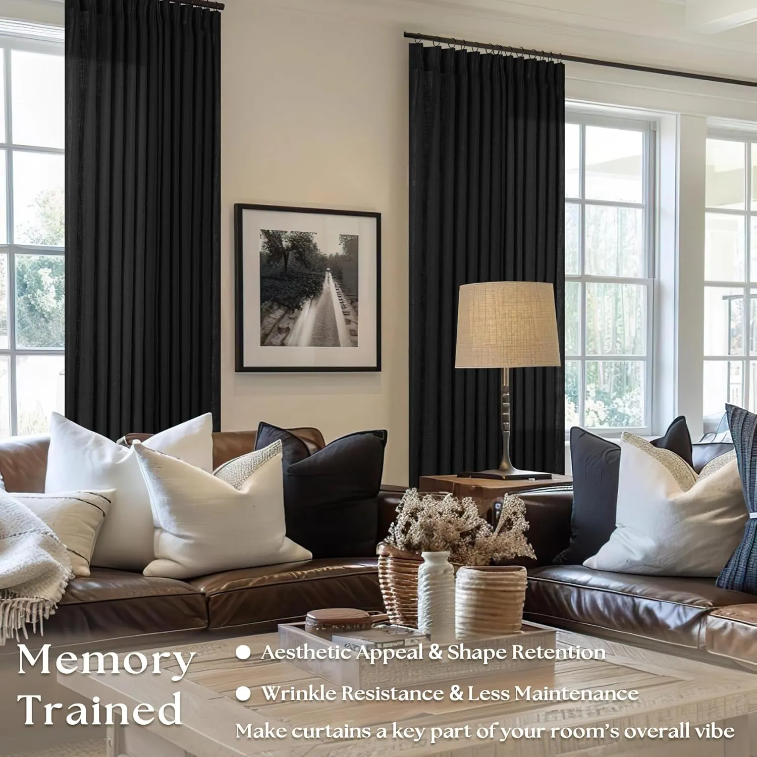 Black Linen Curtains Pinch Pleated 84 Inches Long for Living Room Bedroom Pleat with Rings Back Tab Semi Sheer Curtains 84 Inch Length 2 Panels Set Light Filtering Farmhouse Rustic Drapes