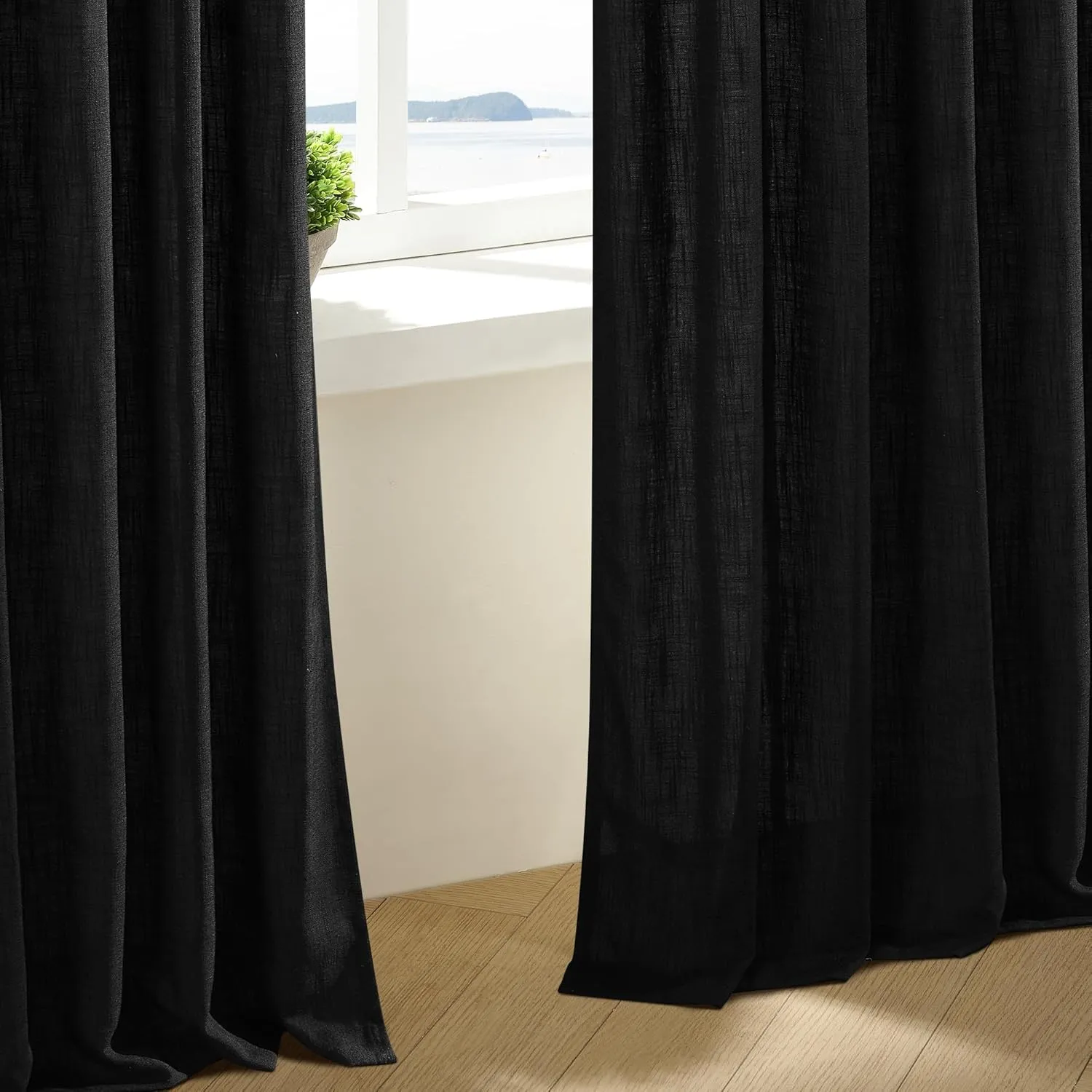 Black Linen Curtains Pinch Pleated 84 Inches Long for Living Room Bedroom Pleat with Rings Back Tab Semi Sheer Curtains 84 Inch Length 2 Panels Set Light Filtering Farmhouse Rustic Drapes