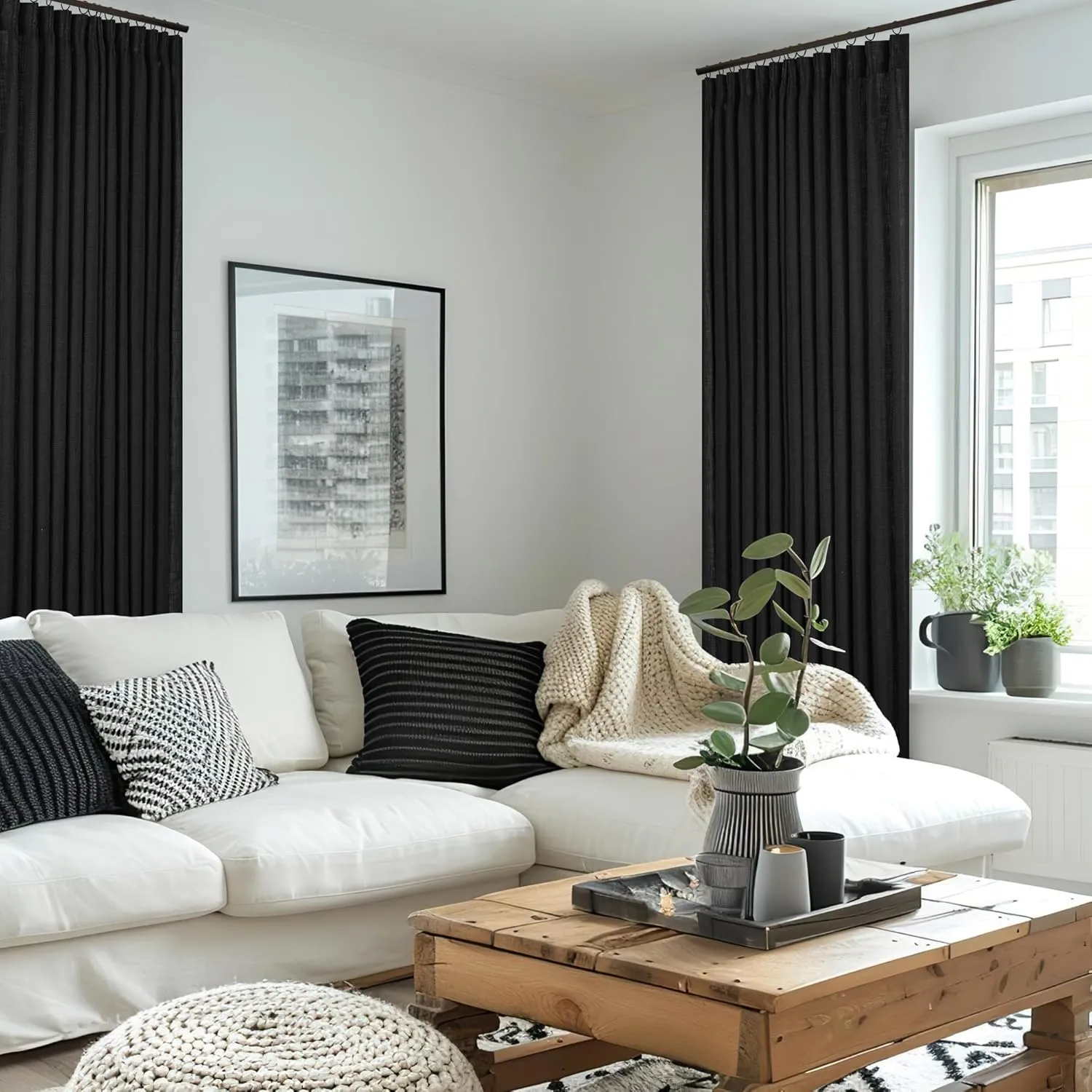 Black Linen Curtains Pinch Pleated 84 Inches Long for Living Room Bedroom Pleat with Rings Back Tab Semi Sheer Curtains 84 Inch Length 2 Panels Set Light Filtering Farmhouse Rustic Drapes