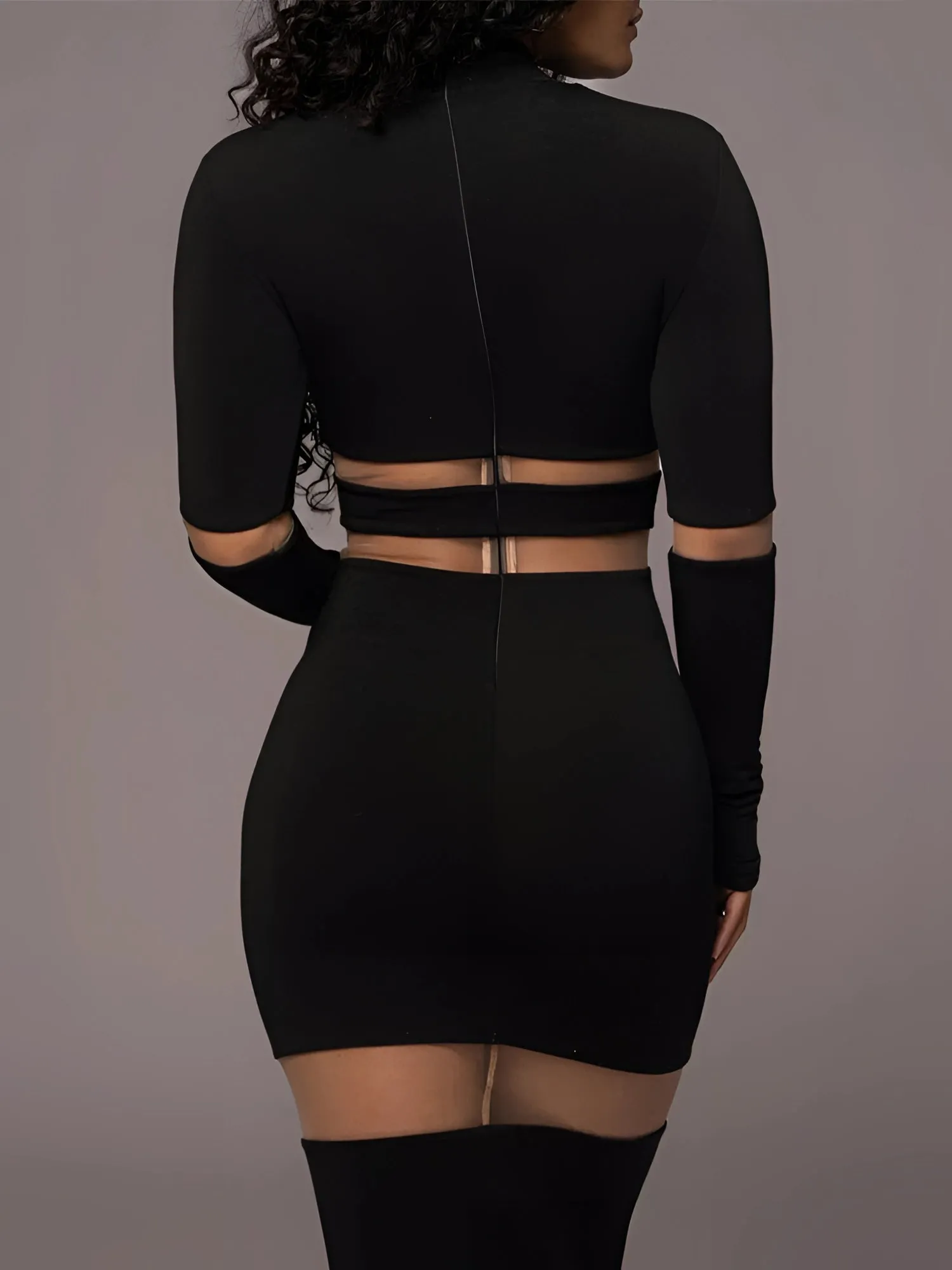 Black Long Sleeve Sheer Mesh Curve-Hugging Midi Cocktail Dress