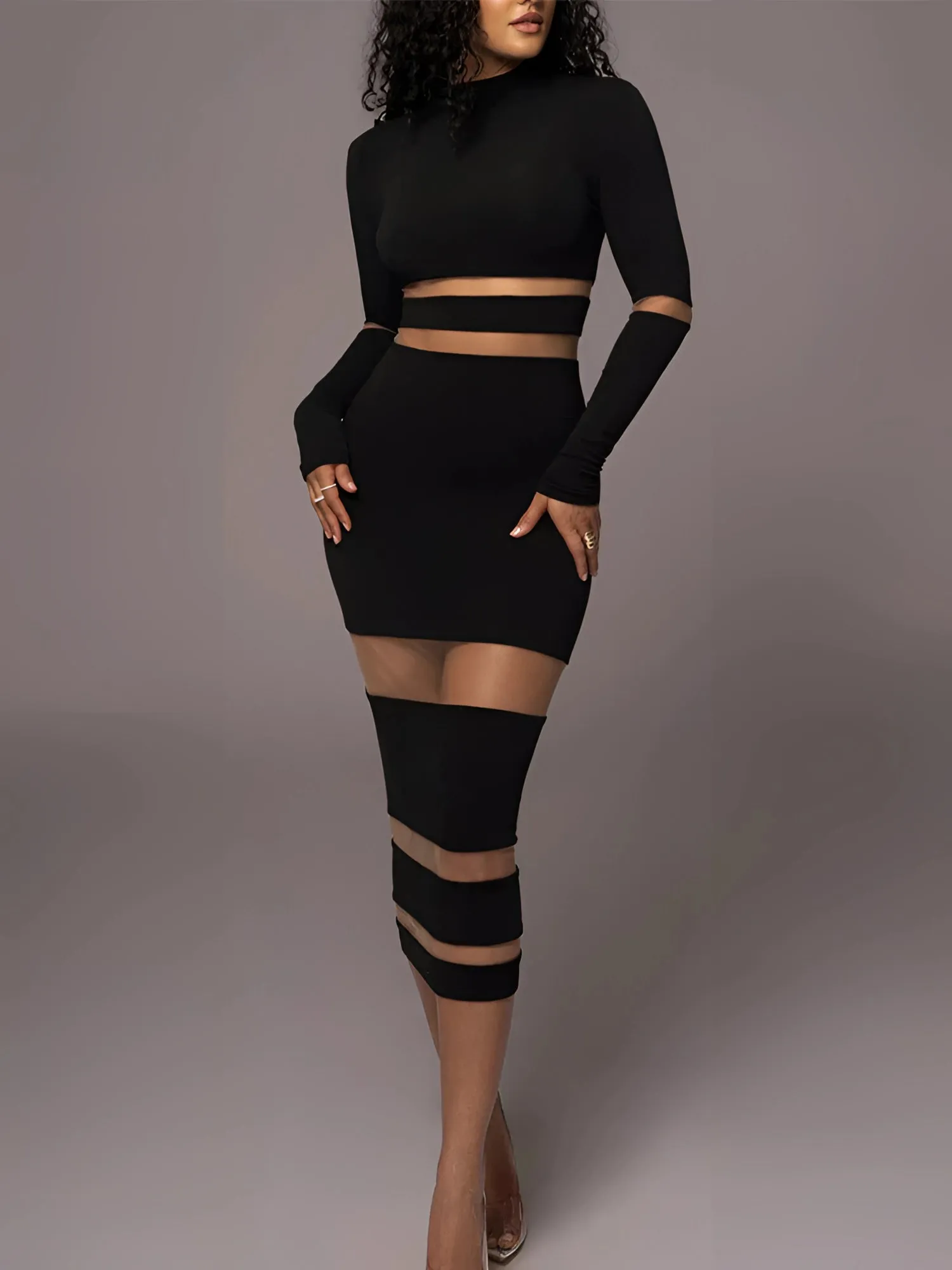 Black Long Sleeve Sheer Mesh Curve-Hugging Midi Cocktail Dress