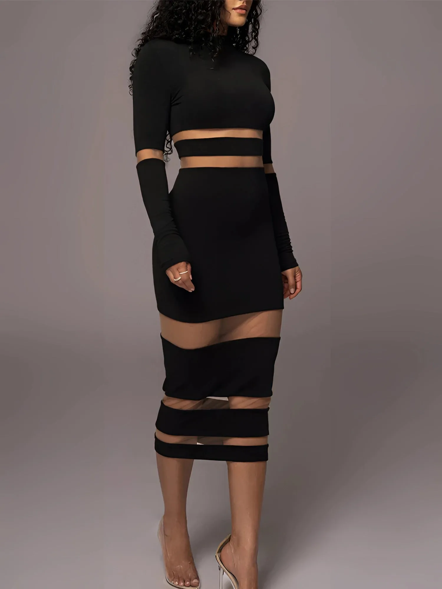 Black Long Sleeve Sheer Mesh Curve-Hugging Midi Cocktail Dress