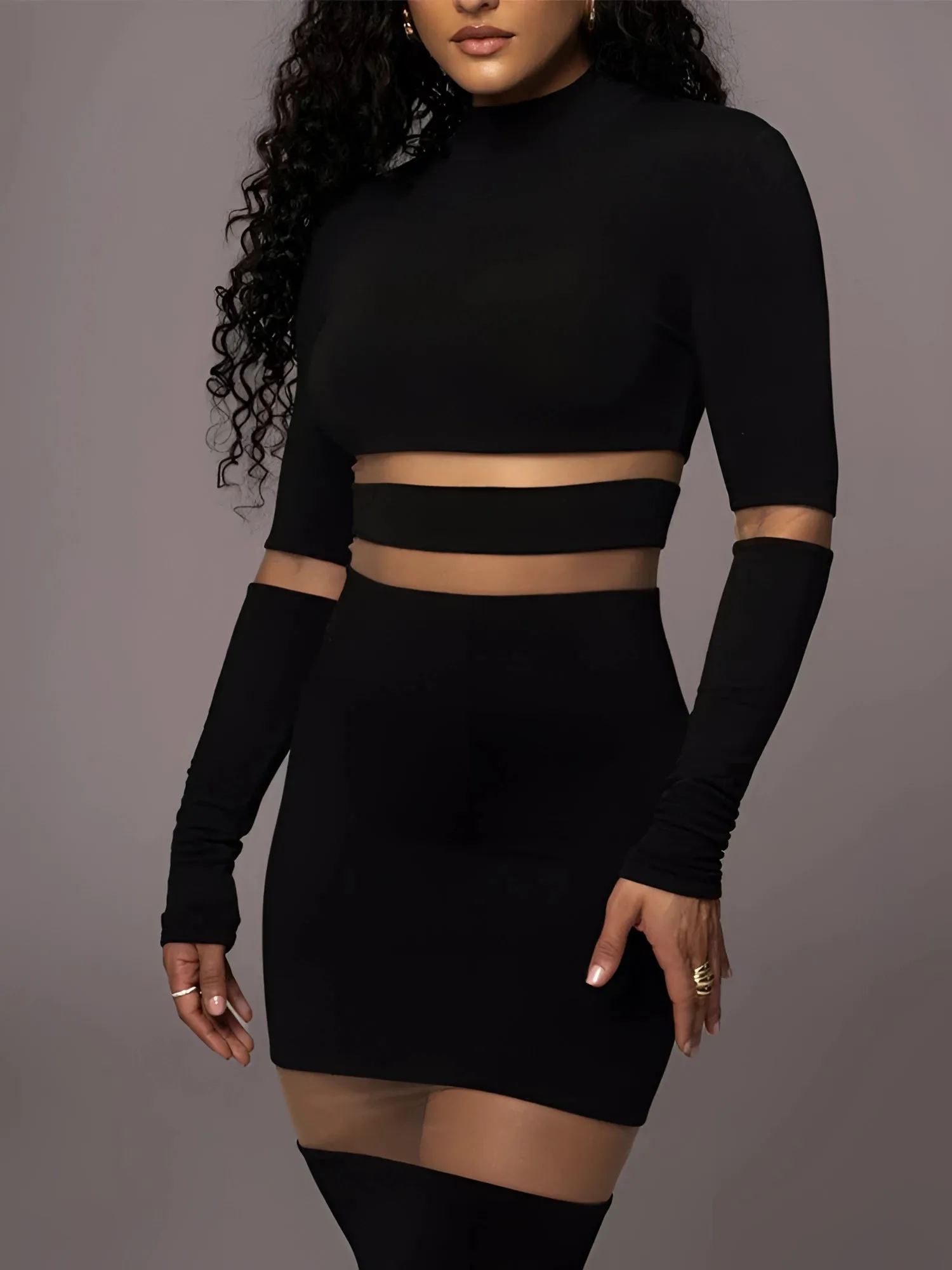 Black Long Sleeve Sheer Mesh Curve-Hugging Midi Cocktail Dress