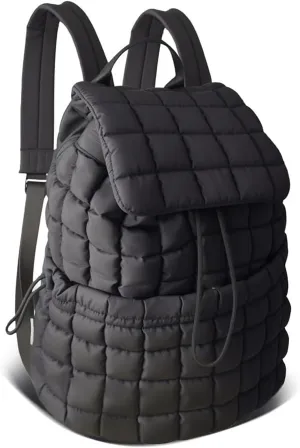 Black Puffer Backpack for Women, Lightweight Drawstring Closure Quilted Laptop Daypack Stylish Anti-Theft Travel Bag