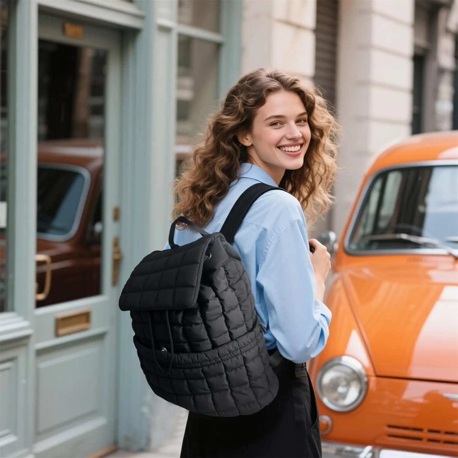 Black Puffer Backpack for Women, Lightweight Drawstring Closure Quilted Laptop Daypack Stylish Anti-Theft Travel Bag