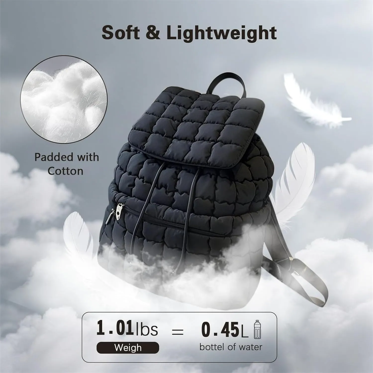 Black Puffer Backpack for Women, Lightweight Drawstring Closure Quilted Laptop Daypack Stylish Anti-Theft Travel Bag