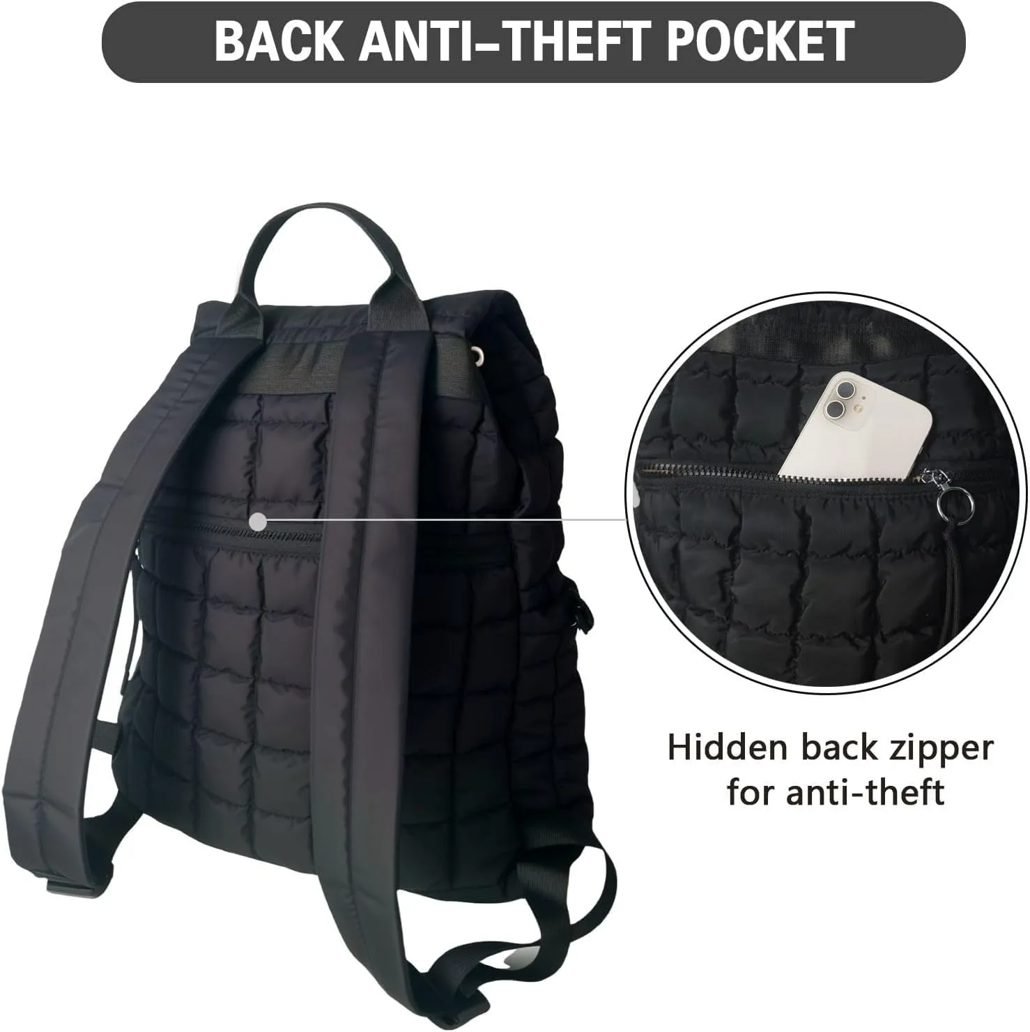 Black Puffer Backpack for Women, Lightweight Drawstring Closure Quilted Laptop Daypack Stylish Anti-Theft Travel Bag