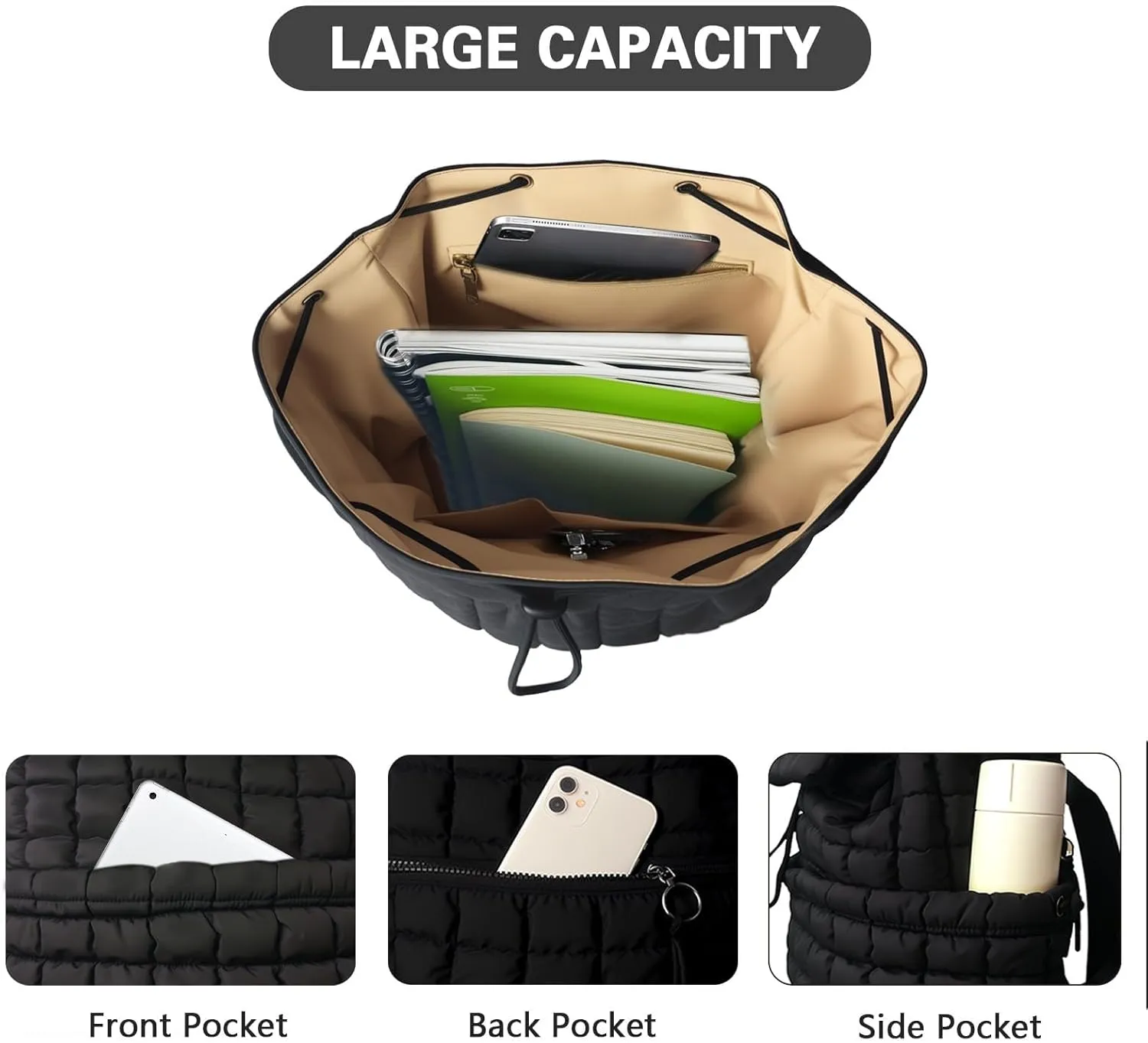 Black Puffer Backpack for Women, Lightweight Drawstring Closure Quilted Laptop Daypack Stylish Anti-Theft Travel Bag