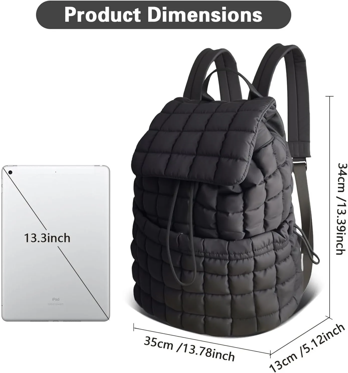 Black Puffer Backpack for Women, Lightweight Drawstring Closure Quilted Laptop Daypack Stylish Anti-Theft Travel Bag