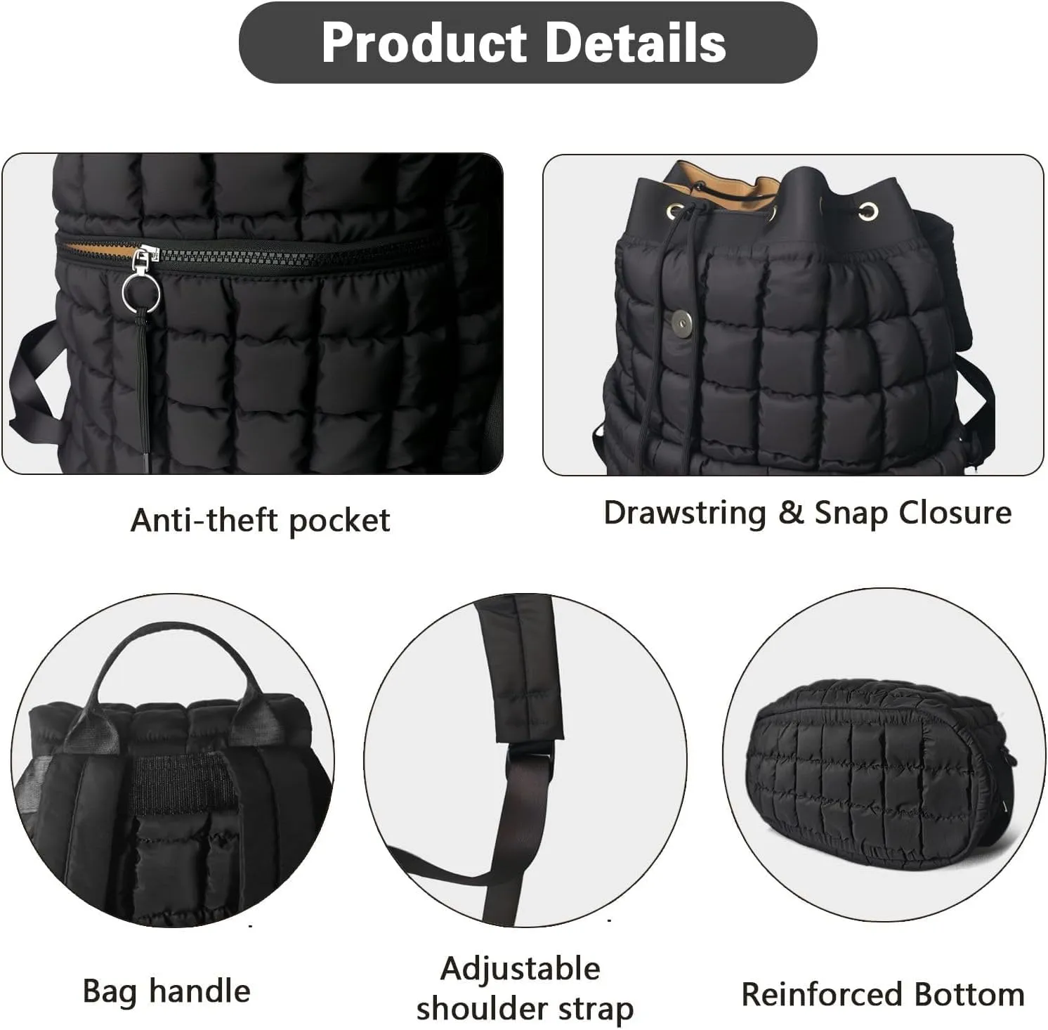 Black Puffer Backpack for Women, Lightweight Drawstring Closure Quilted Laptop Daypack Stylish Anti-Theft Travel Bag