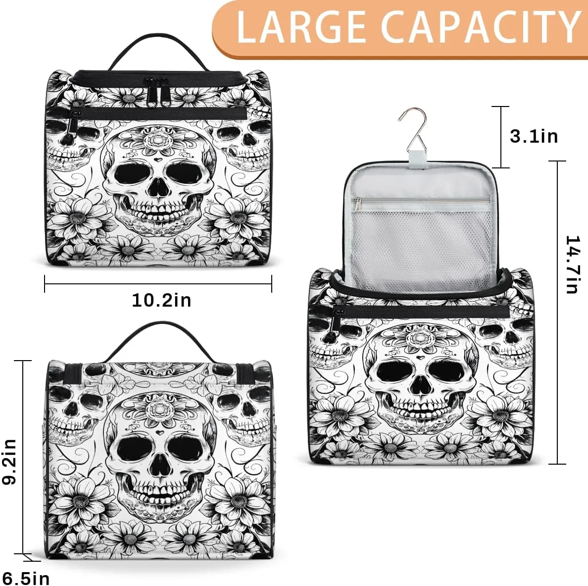 Black White Skull Skeleton Travel Toiletry Bag for Men and Women, Large Hanging Makeup Bag Organizer Toiletries Bag for Travel, Cosmetic Bag with Handle